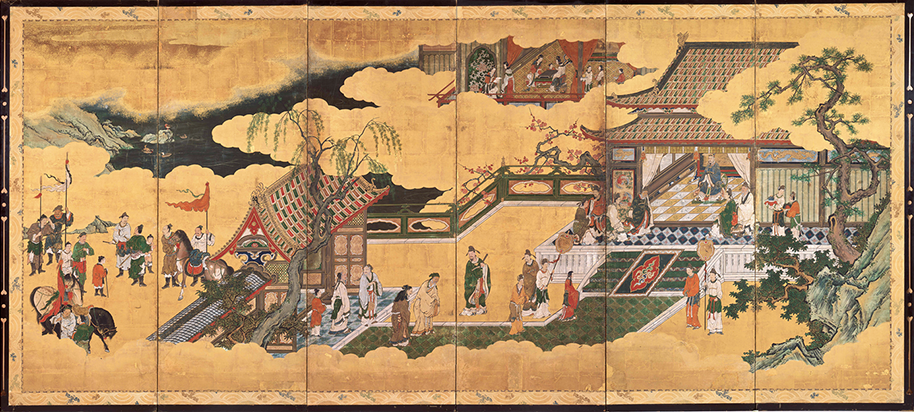 「帝鑑図屏風」（右隻）。江戸時代初期。門から屋敷内まで多彩な敷瓦（タイル）が描かれている。