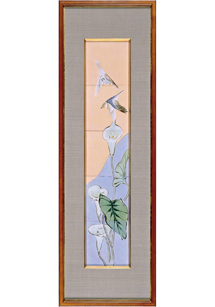 ワグネルによる旭焼「釉下彩水芭蕉に鳥図陶板」